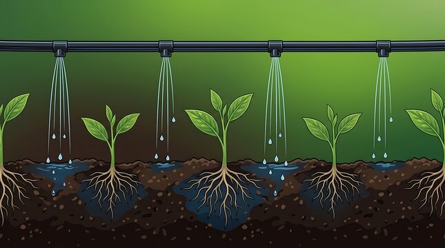 Drip irrigation system watering green seedlings in soil