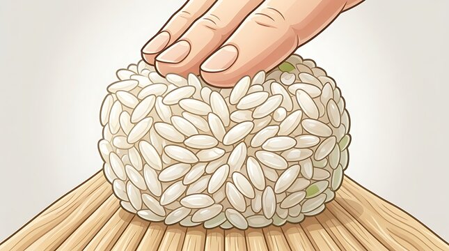 Person shaping a ball of sushi rice on a bamboo mat