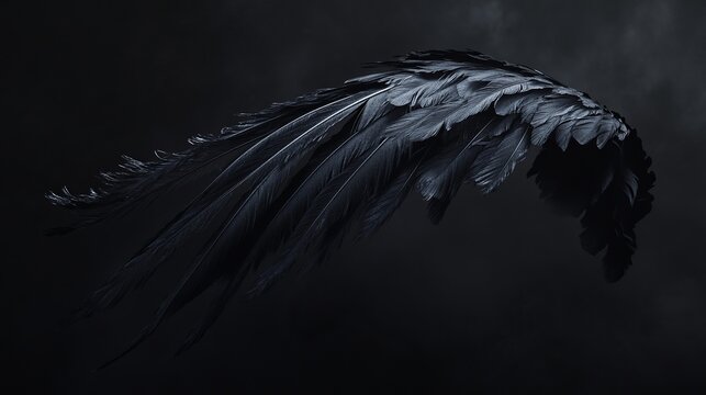 Dramatic black feather wing against a dark background, symbolizing freedom, mystery, and the ethereal beauty of flight and nature.