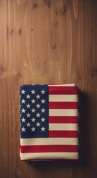 American flag book on wooden surface with vintage texture.
