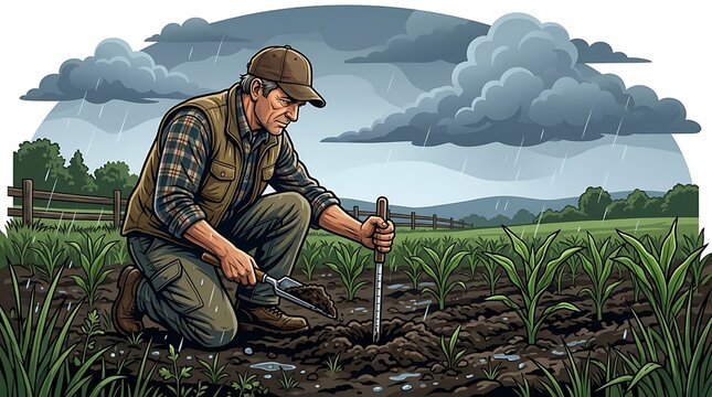 Farmer checking soil quality in a corn field under a stormy sky