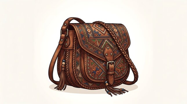 Leather crossbody bag with ethnic geometric patterns and tassels
