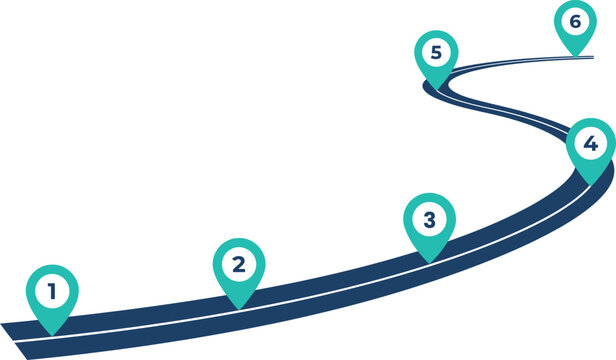 Roadmap Timeline Infographic Template with Curved Road, Location Pins, Six Step Journey, Business Process and Project Planning Vector