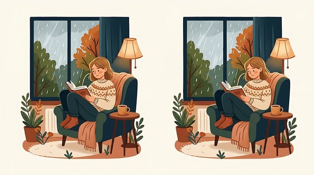 Cozy woman reading a book by the window on a rainy autumn day