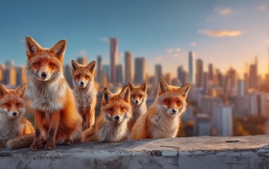 Fototapeta premium Red fox group standing on urban rooftop with city skyline background