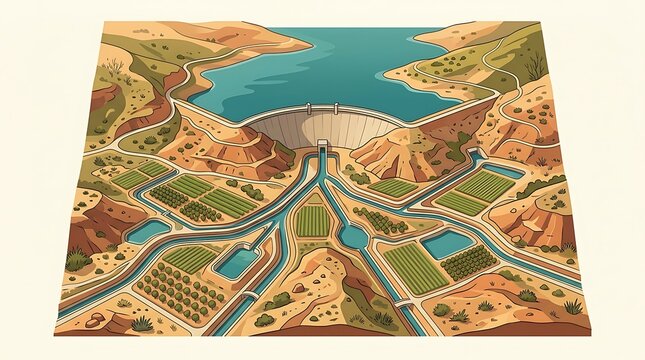 Aerial view of a hydroelectric dam and irrigation system in a valley