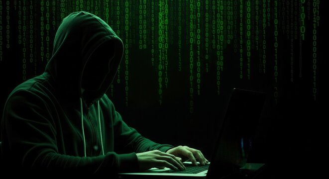 Anonymous hacker typing on laptop in dark room with green code.