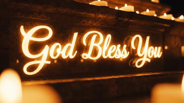 Glowing neon sign with the text God Bless You surrounded by warm candlelight.