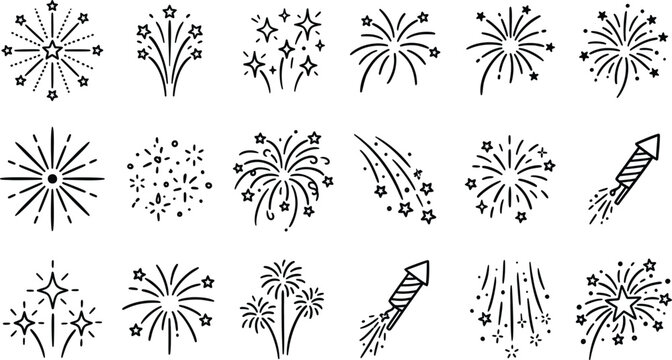 Fireworks line icon set, 18 festive firework burst and rocket symbols, black minimalist celebration sparkler elements for party design