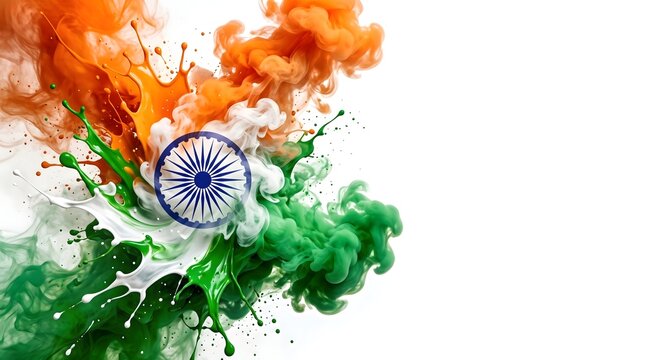 Abstract indian flag colors paint splash with dynamic smoke clouds and central blue chakra symbol with vibrant artistic representation