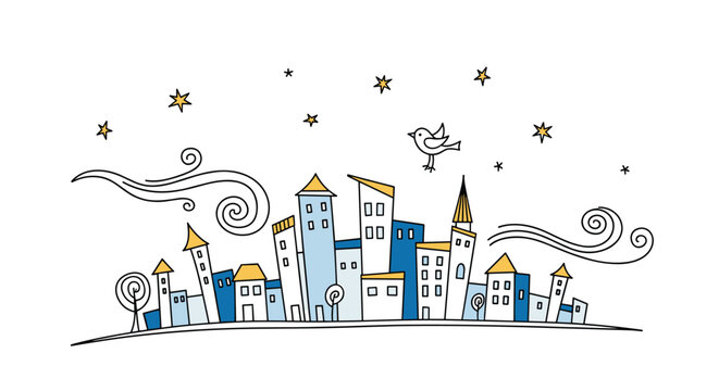 Artistic sketch of small town with whimsical houses and buildings under a starry night sky with swirling wind and a bird for fairytale vibes.