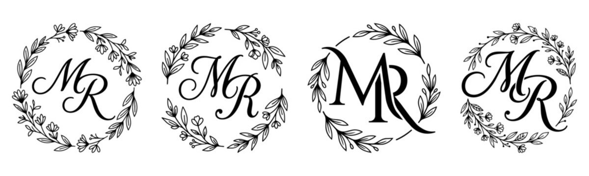 MR Monogram Set with Elegant Botanical Wreath and Floral Initial Letters Vector