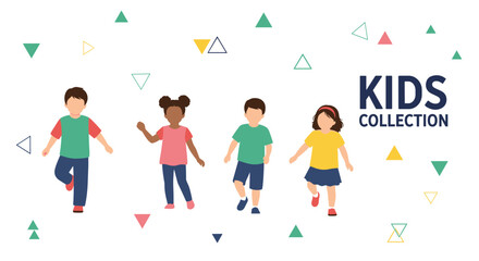 Fototapeta premium Diverse group of young children poses and dances together against a white background decorated with colorful geometric triangles and stars.
