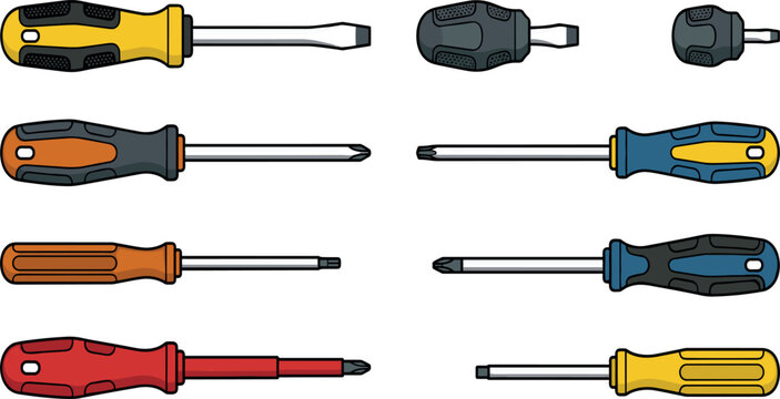 Screwdriver Vector Tool Set Featuring Flathead, Phillips, Torx, Stubby, and Insulated Drivers for Handyman, Construction, Mechanics, DIY, and Hardware Repair Graphic Designs