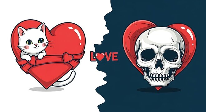 Red heart with love message and skull graphic design.