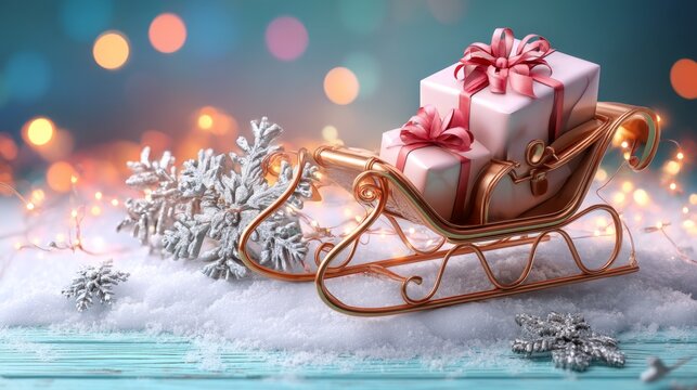 Elegant sleigh with wrapped gift box and snowflake decoration in winter