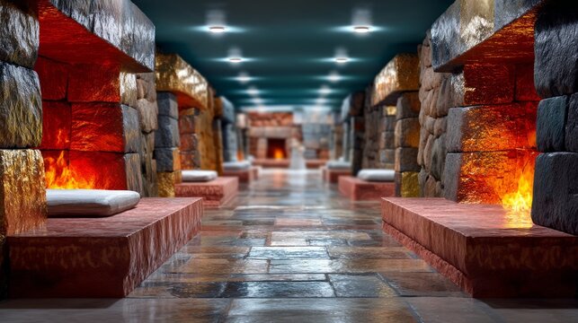 Inca Temple Hall Concept with Lighting Features and Architectural Elements