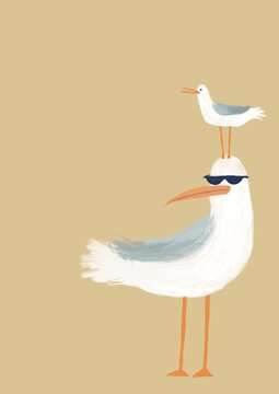 Humourous illustration of two quirky seagulls with oversized beaks and sunglasses 