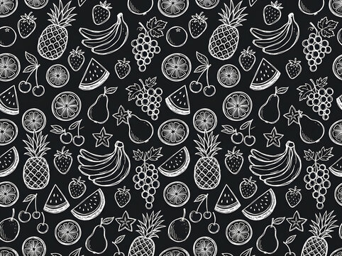 Seamless pattern with handdrawn fruits on a black chalkboard background