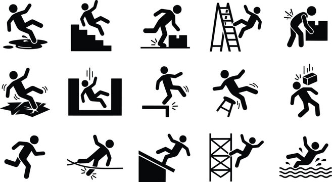 Workplace safety icons set, 15 occupational hazard pictograms, slip trip and fall accident signs, industrial injury warning symbols in EPS format