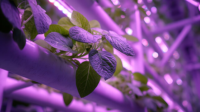 Close-up of Hydroponic Plants Illuminated by Magenta and Purple LED Lighting in Indoor Farm
