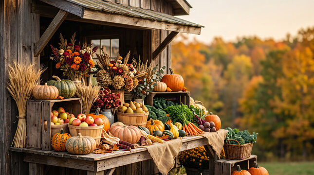 Beautiful autumn harvest display at a rustic farmers market, heirloom pumpkins, apples, pears, fresh vegetables 