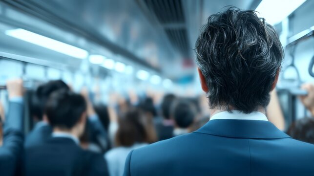 Rush Hour in Tokyo Subway with Crowded Train Passengers in Business Attire