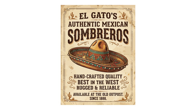 Vintage Western Style Poster with Traditional Sombrero Hat and Rustic Elements