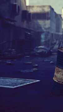 Shadows stretch across a cluttered alley where remnants of the past lie scattered. Abandoned debris tells a story of time lost, while buildings loom in the hazy morning light.