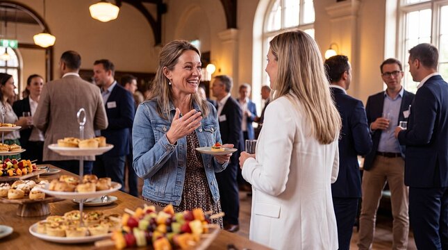 Businesswomen chatting and enjoying appetizers at professional networking reception event