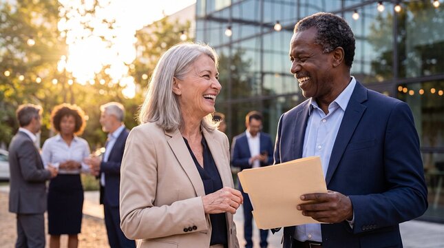 Senior businesswoman and businessman laughing together outside modern office building at sunset