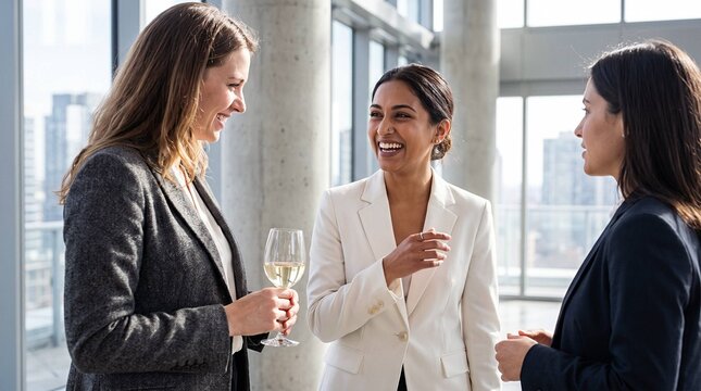 Three professional women laughing and networking together in modern office with city view