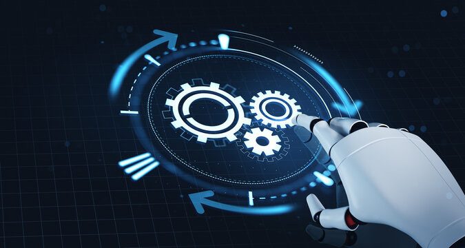 Robotic hand interacting with glowing digital gear interface in futuristic tech environment demonstrating automation dynamics and innovation. 3D Rendering