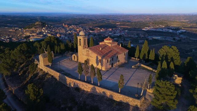 Aerial view from a drone of the landscape in the hermitage of San Cristobal in the town of Calaceite in the Matarra&ntilde;a region. Province of Teruel. Autonomous Community of Aragon. Spain. Europe