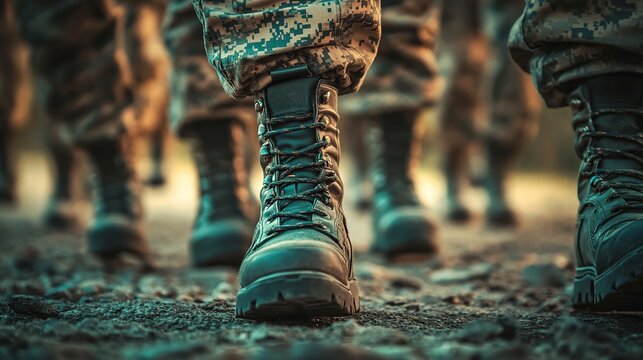 Close-up of military combat boots on a dusty ground, symbolizing strength, readiness, and the dedication of armed forces personnel