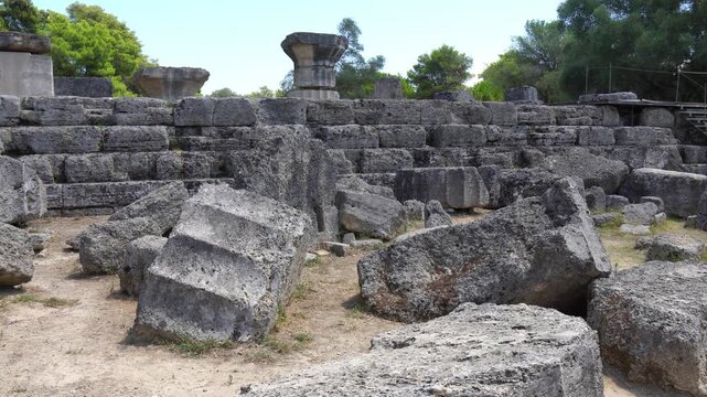 Ancient Greek ruins of Temple of Zeus at the archaeological site of Olympia