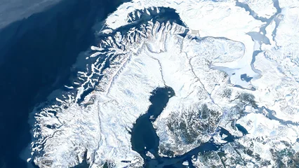 Satellite view of the Scandinavian Peninsula covered in snow. Ideal for climate research, geographic projects, and weather reports © Anna