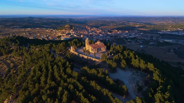 Aerial view from a drone of the landscape in the hermitage of San Cristobal in the town of Calaceite in the Matarra&ntilde;a region. Province of Teruel. Autonomous Community of Aragon. Spain. Europe