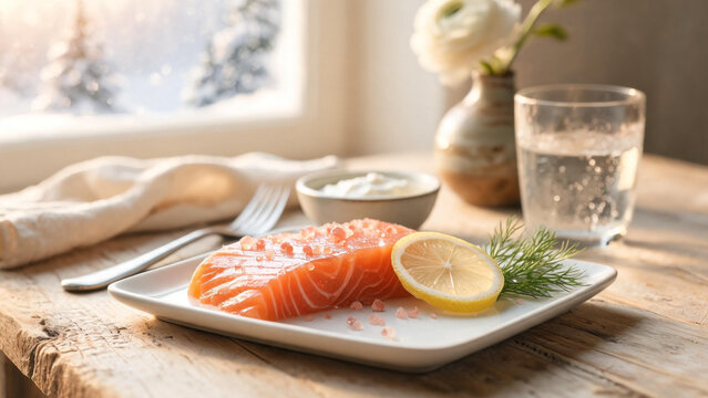 A plate of salmon garnished with lemon slices and fresh dill, showcasing a vibrant and appetizing presentation. Ideal for catering, gourmet food blogs, and luxury restaurant menus.
