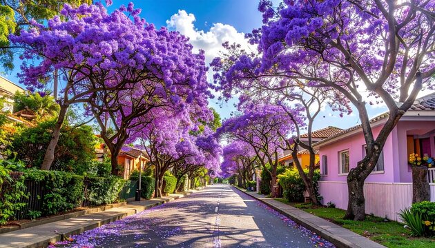 A quiet residential street lined with jacaranda trees in full purple bloom, symbolizing serenity, renewal, and the poetic beauty of nature within city life.