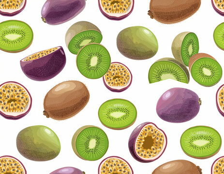 Vibrant seamless pattern featuring an array of fresh whole and sliced kiwi fruits alongside exotic purple passion fruits with their colorful pulp and seeds scattered on a clean white background