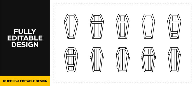 flat vector illustration line art icon bundle set design depicting spooky halloween coffins dead bodies scary vampires mummies and creepy death symbols graphic UI apps