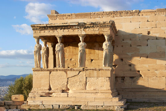 Famous Porch of the Caryatids with female column statues at the Erechtheion temple, Acropolis of Athens, Greece