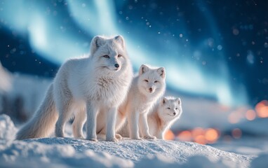Fototapeta premium Arctic fox family standing on snow with northern lights in cold frozen night
