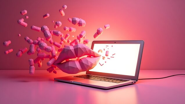 Digital communication lips exploding from laptop screen concept