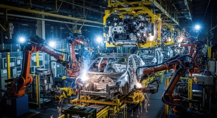 Fototapeta premium Automated car manufacturing assembly line in modern factory.