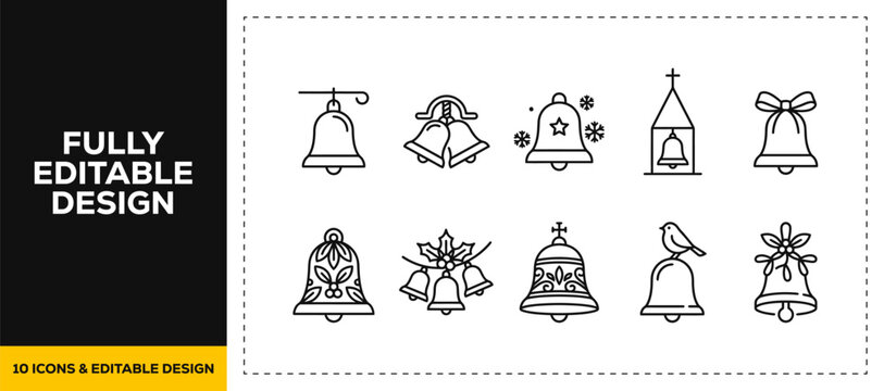 flat vector illustration line art icon bundle set design showcasing festive christmas bells holiday jingle ringers celebration decorations and winter events graphic