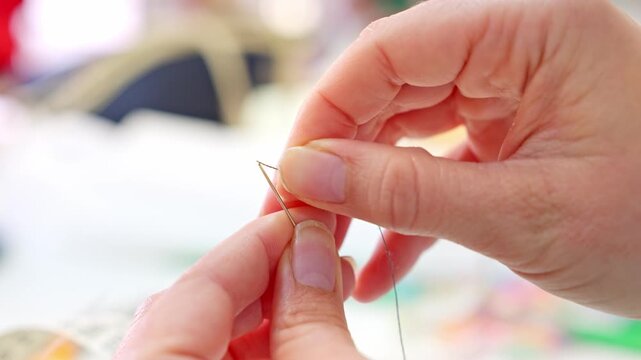 Seamstress hands threading a sewing needle