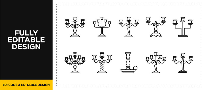 flat vector illustration line art icon bundle set design displaying glowing elegant candelabras luxury vintage candle holders and classical bright lightings UI apps