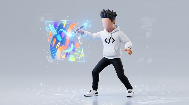 3D Cartoon Developer Interacting with Futuristic Digital Interface and Abstract Art Display